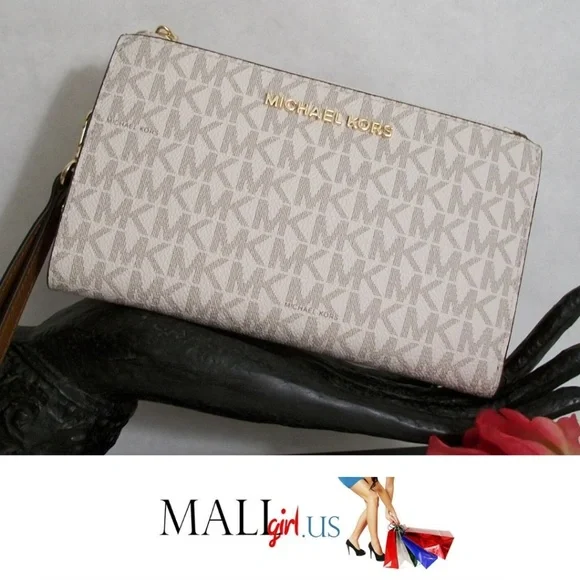 Michael Kors Signature Smartphone Wallet In White Logo Canvas Print Wristlet - Picture 1 of 8